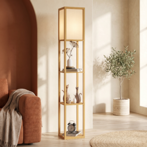 Lampadaire japandi en bois avec étagères